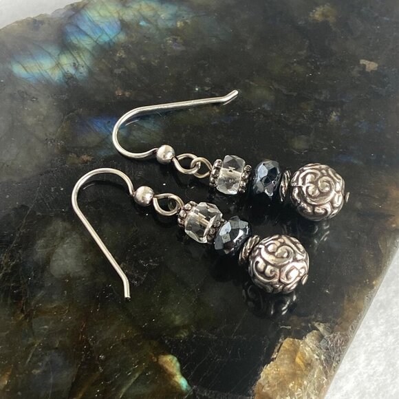 Sterling Silver 925 Faceted Glass Scrollwork Beaded Dangle Earrings - Picture 8 of 12